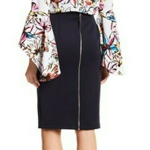 Navy Pencil Skirt Sz 2 Exposed Zipper Scuba Fabric
